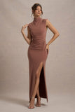 Lanetta Chestnut Brown Ruched High-Neck Maxi Dress With Split