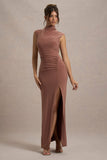 Lanetta Chestnut Brown Ruched High-Neck Maxi Dress With Split