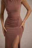 Lanetta Chestnut Brown Ruched High-Neck Maxi Dress With Split