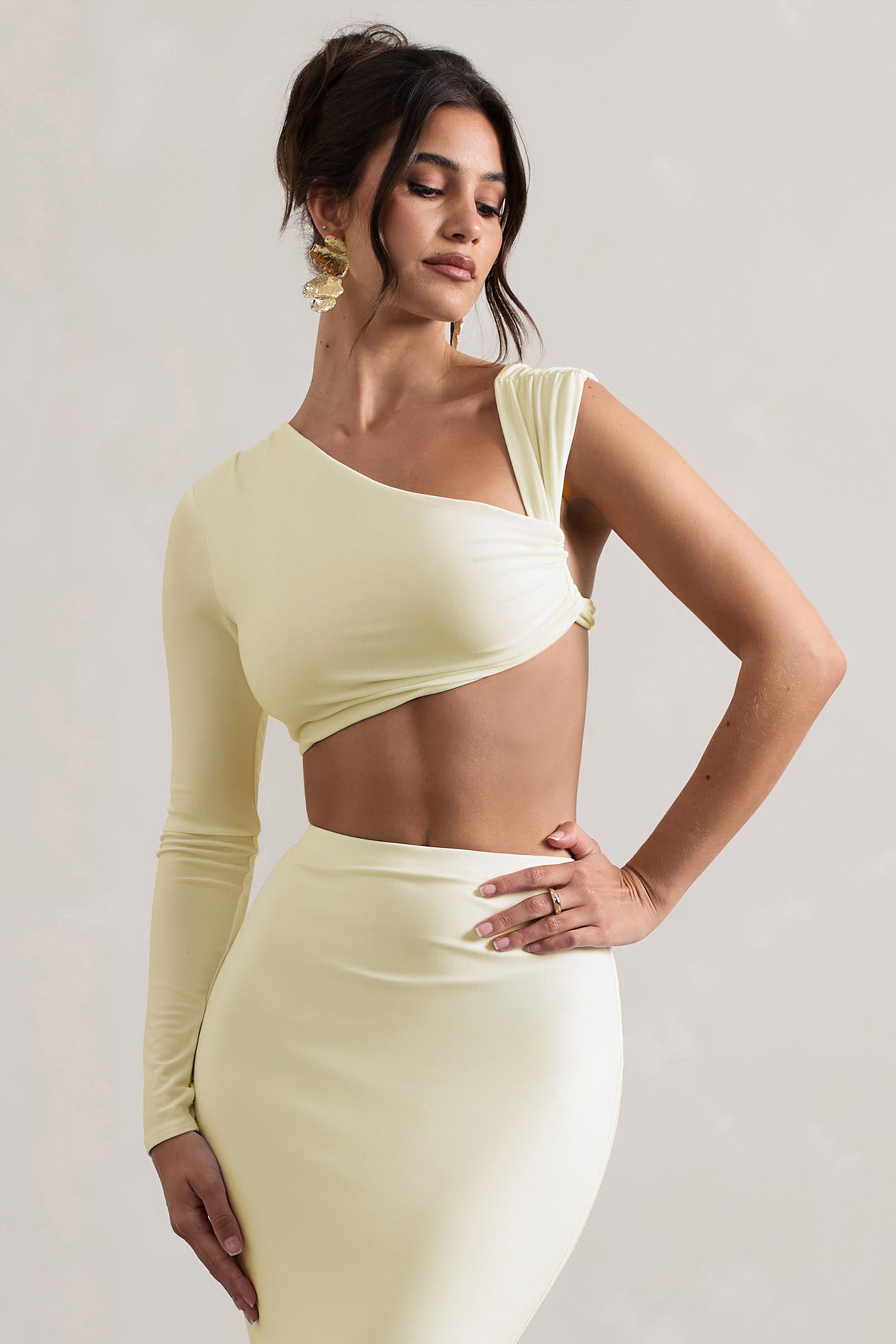 Agalia Cream Ruched Asymmetric One-Sleeve Crop Top