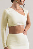Agalia Cream Ruched Asymmetric One-Sleeve Crop Top