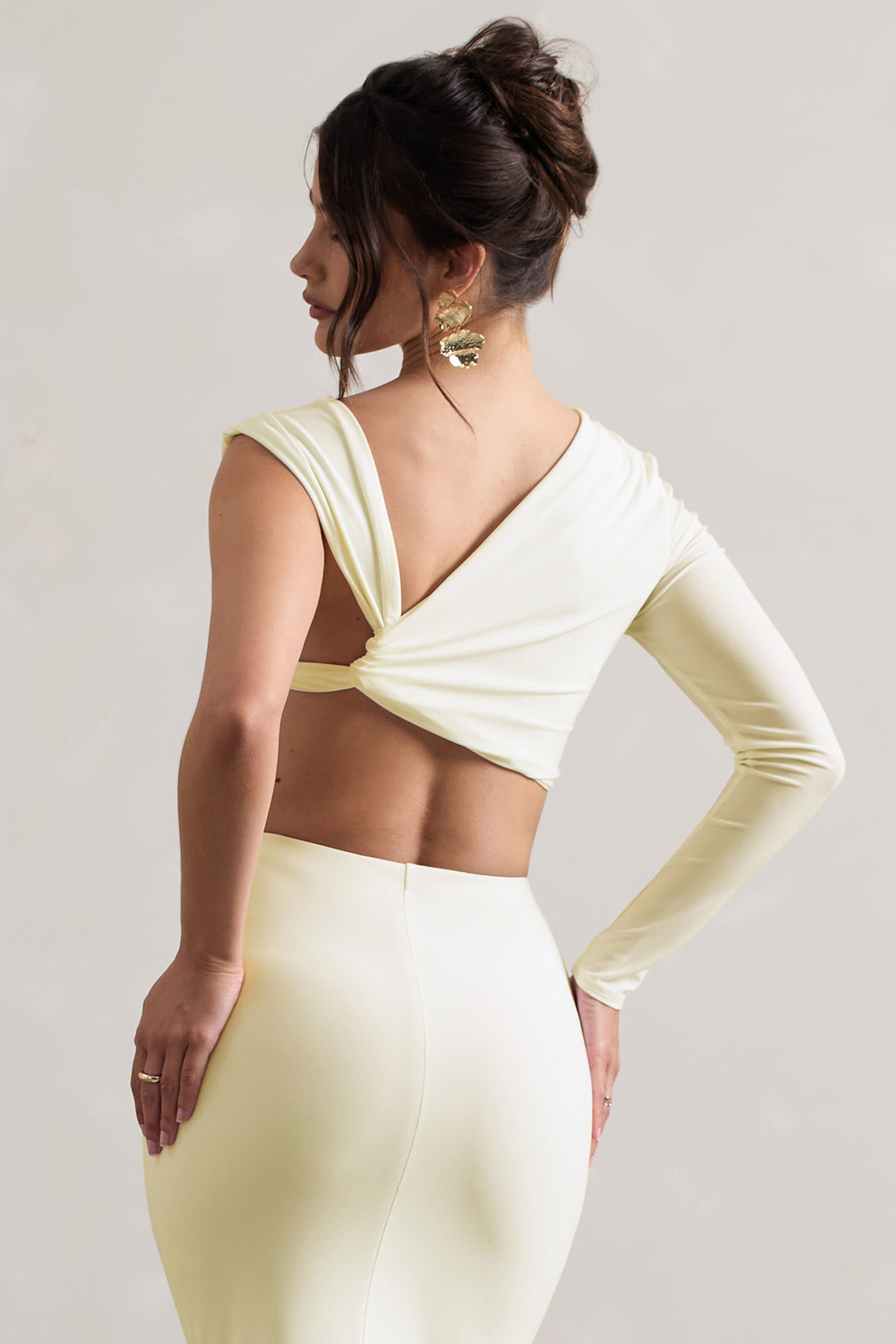 Agalia Cream Ruched Asymmetric One-Sleeve Crop Top