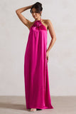 Everleigh Dark Pink Satin Relaxed Fit Maxi Column Dress With Corsage