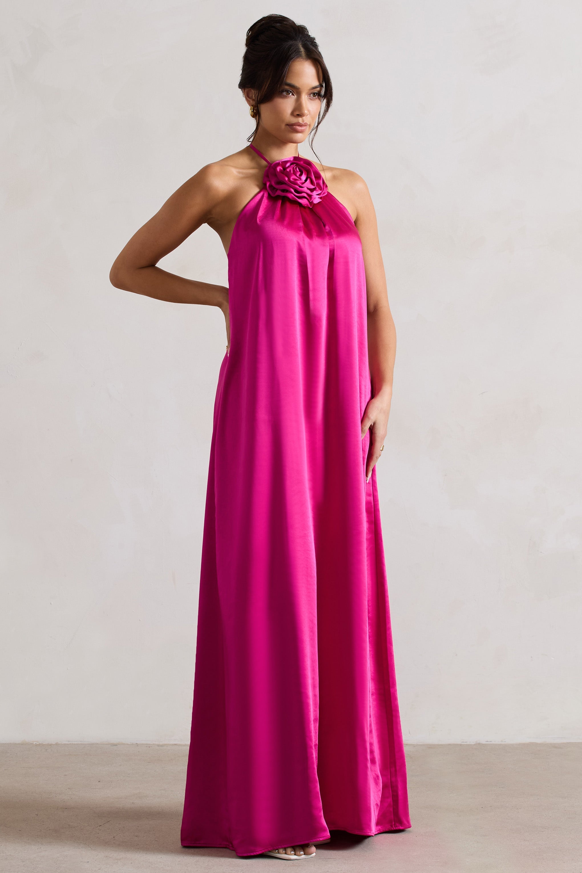 Everleigh Dark Pink Satin Relaxed Fit Maxi Column Dress With Corsage