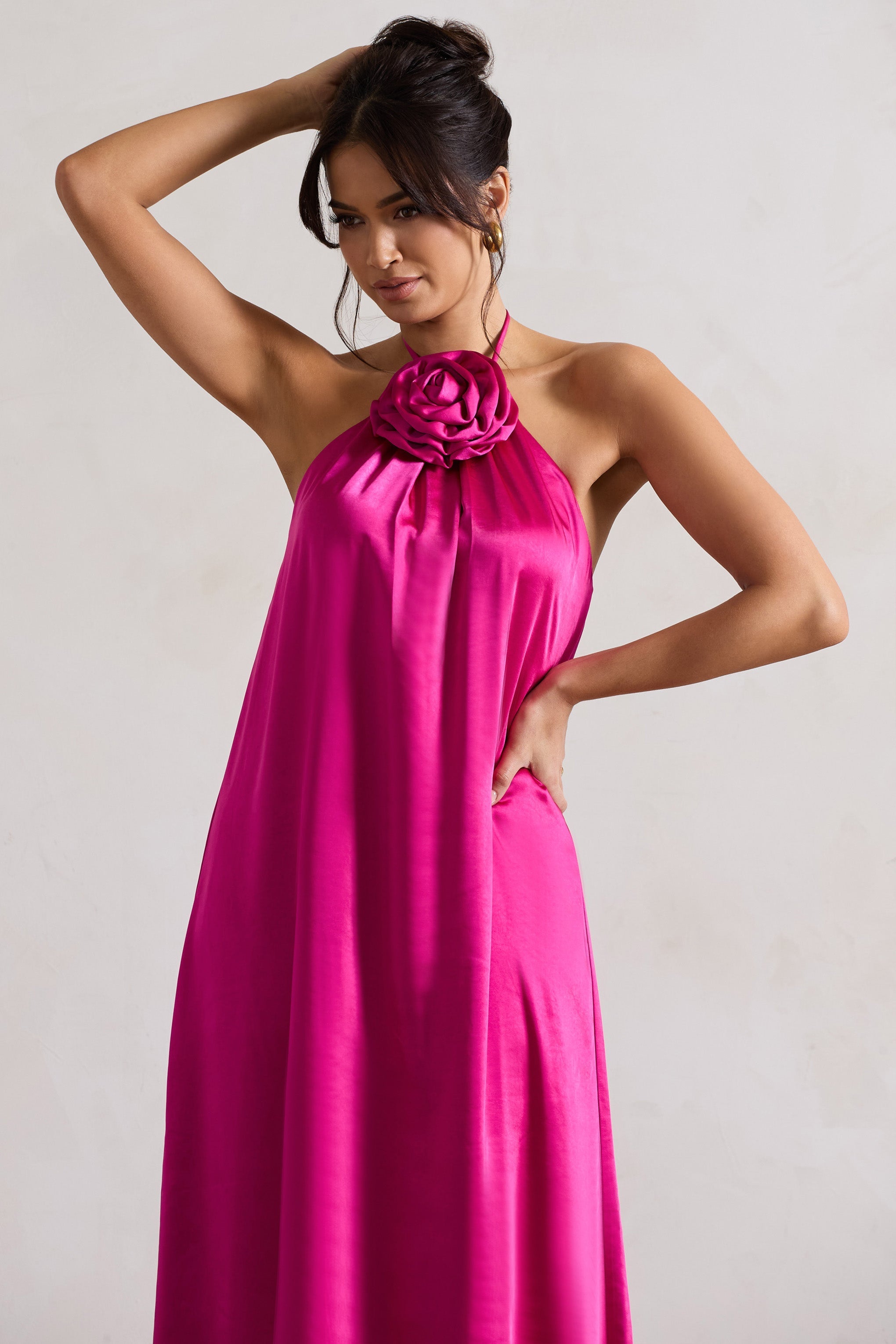 Everleigh Dark Pink Satin Relaxed Fit Maxi Column Dress With Corsage