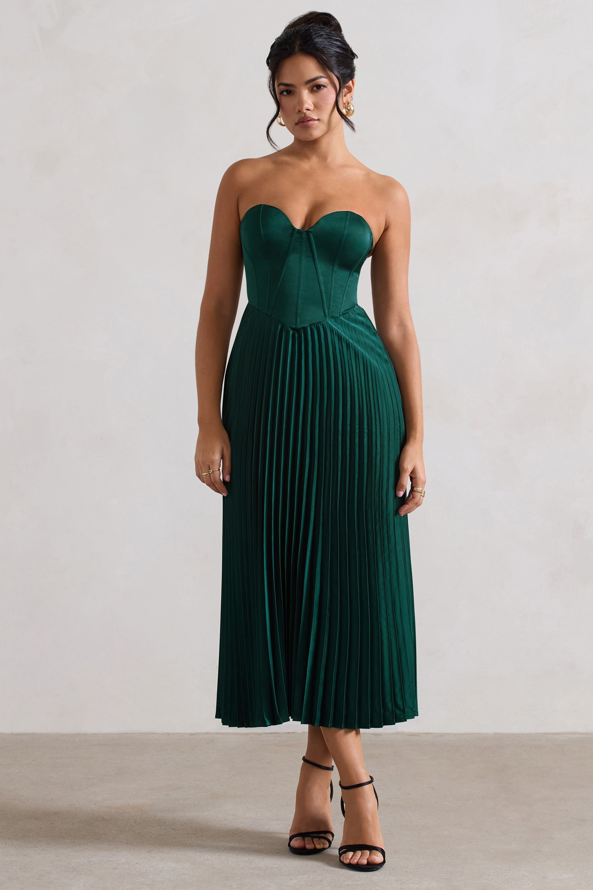 Bordeaux Green Satin Corset Style Midi Dress