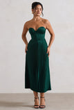 Bordeaux Green Satin Corset Style Midi Dress