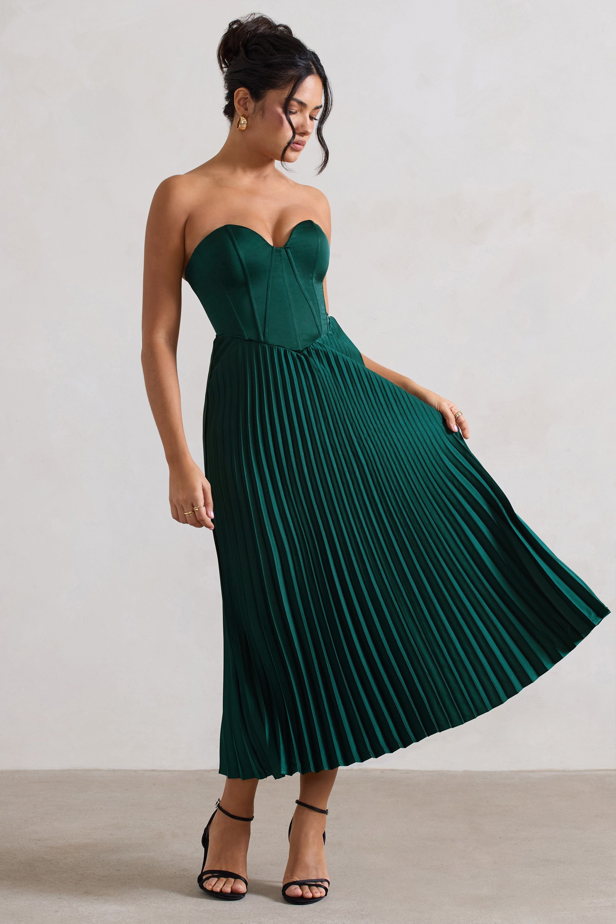 Bordeaux Green Satin Corset Style Midi Dress