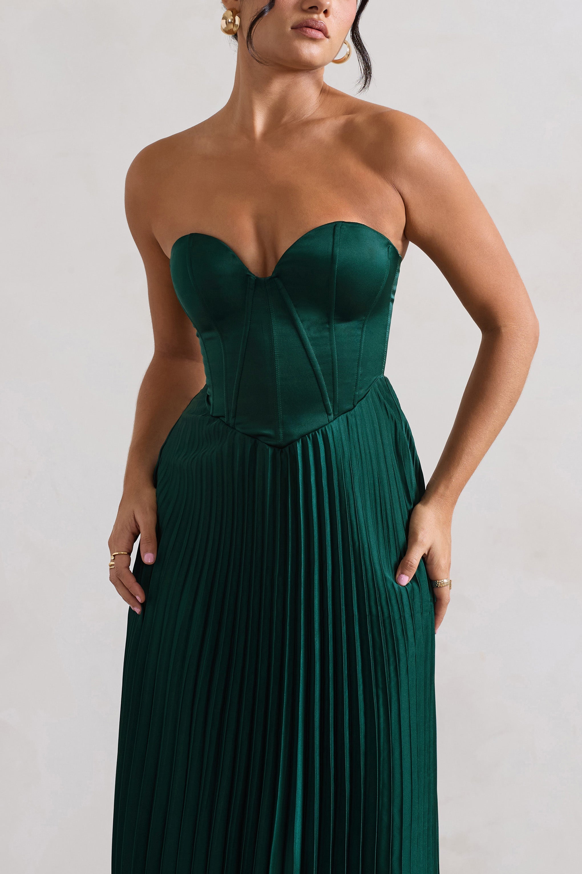 Bordeaux Green Satin Corset Style Midi Dress