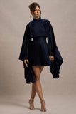 Charity Navy Pleated High-Neck Mini Dress With Cape Sleeves