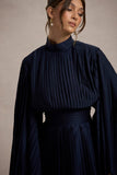 Charity Navy Pleated High-Neck Mini Dress With Cape Sleeves
