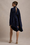 Charity Navy Pleated High-Neck Mini Dress With Cape Sleeves