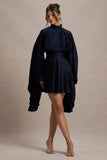 Charity Navy Pleated High-Neck Mini Dress With Cape Sleeves