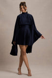 Charity Navy Pleated High-Neck Mini Dress With Cape Sleeves