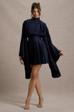 Charity Navy Pleated High-Neck Mini Dress With Cape Sleeves