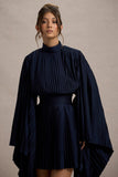 Charity Navy Pleated High-Neck Mini Dress With Cape Sleeves