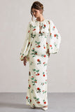 Wild Rose Rose Print Satin Puff-Sleeve Cut-Out Maxi Dress