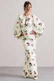 Wild Rose Rose Print Satin Puff-Sleeve Cut-Out Maxi Dress