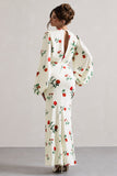 Wild Rose Rose Print Satin Puff-Sleeve Cut-Out Maxi Dress