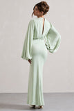 Wild Rose Light Green Puff-Sleeve Cut-Out Maxi Dress