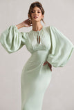 Wild Rose Light Green Puff-Sleeve Cut-Out Maxi Dress