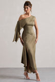 Freesia Olive Satin Asymmetric Draped Split Maxi Dress