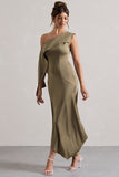 Freesia Olive Satin Asymmetric Draped Split Maxi Dress