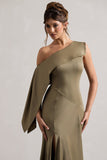 Freesia Olive Satin Asymmetric Draped Split Maxi Dress
