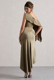 Freesia Olive Satin Asymmetric Draped Split Maxi Dress