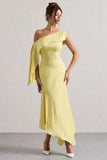 Freesia Lemon Satin Asymmetric Draped Split Maxi Dress