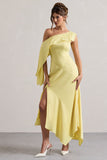 Freesia Lemon Satin Asymmetric Draped Split Maxi Dress