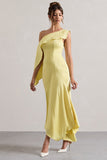 Freesia Lemon Satin Asymmetric Draped Split Maxi Dress