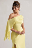 Freesia Lemon Satin Asymmetric Draped Split Maxi Dress