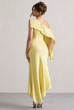 Freesia Lemon Satin Asymmetric Draped Split Maxi Dress