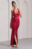 Rebecca Red Satin Plunge Halter-Neck Open-Back Split Maxi Dress