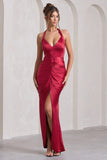 Rebecca Red Satin Plunge Halter-Neck Open-Back Split Maxi Dress