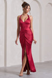 Rebecca Red Satin Plunge Halter-Neck Open-Back Split Maxi Dress