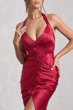 Rebecca Red Satin Plunge Halter-Neck Open-Back Split Maxi Dress