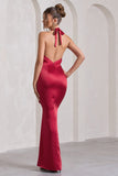 Rebecca Red Satin Plunge Halter-Neck Open-Back Split Maxi Dress