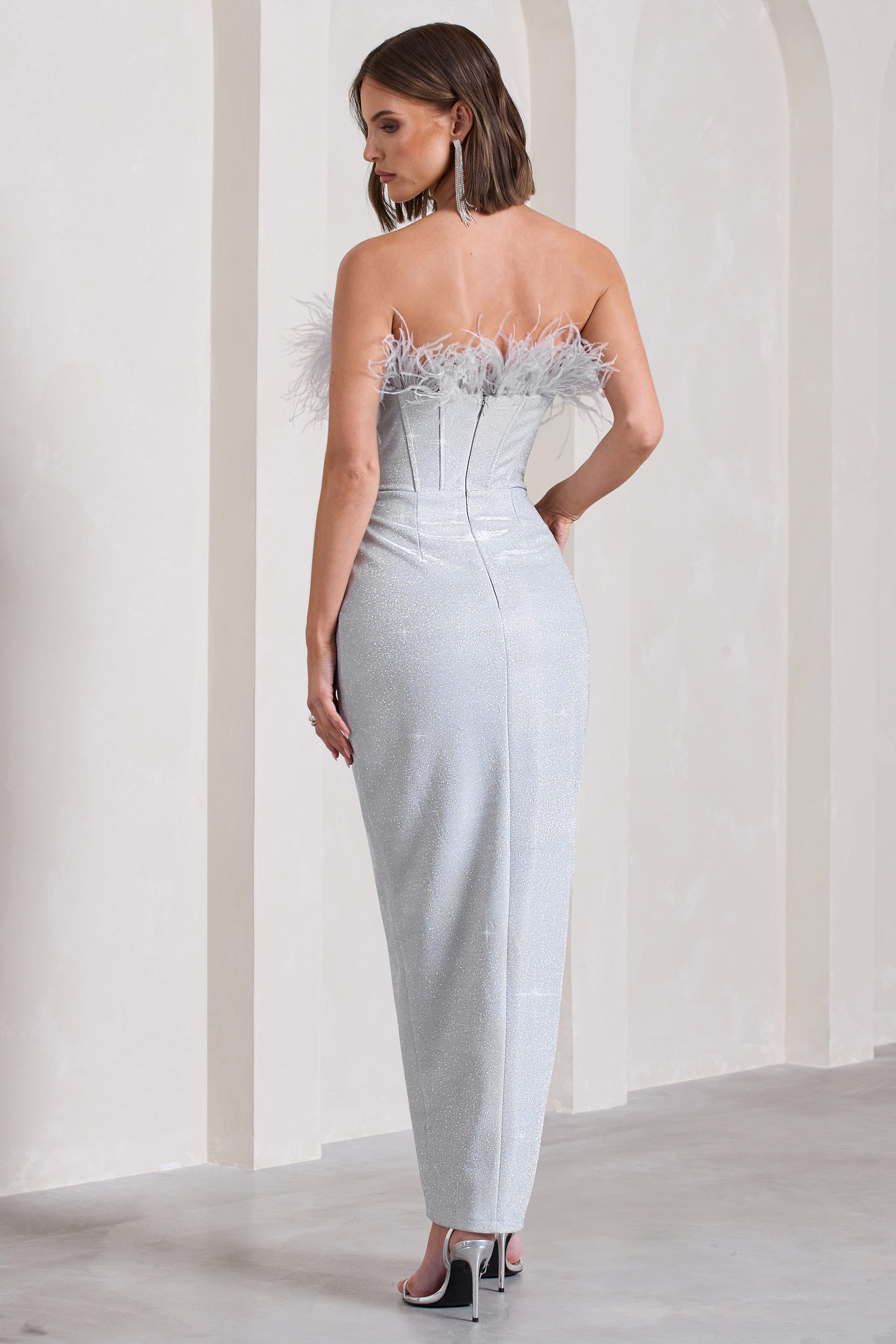 Crystal Silver Metallic Bandeau Corset Maxi Dress With Feather Trims