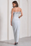 Crystal Silver Metallic Bandeau Corset Maxi Dress With Feather Trims