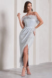Crystal Silver Metallic Bandeau Corset Maxi Dress With Feather Trims