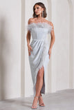 Crystal Silver Metallic Bandeau Corset Maxi Dress With Feather Trims