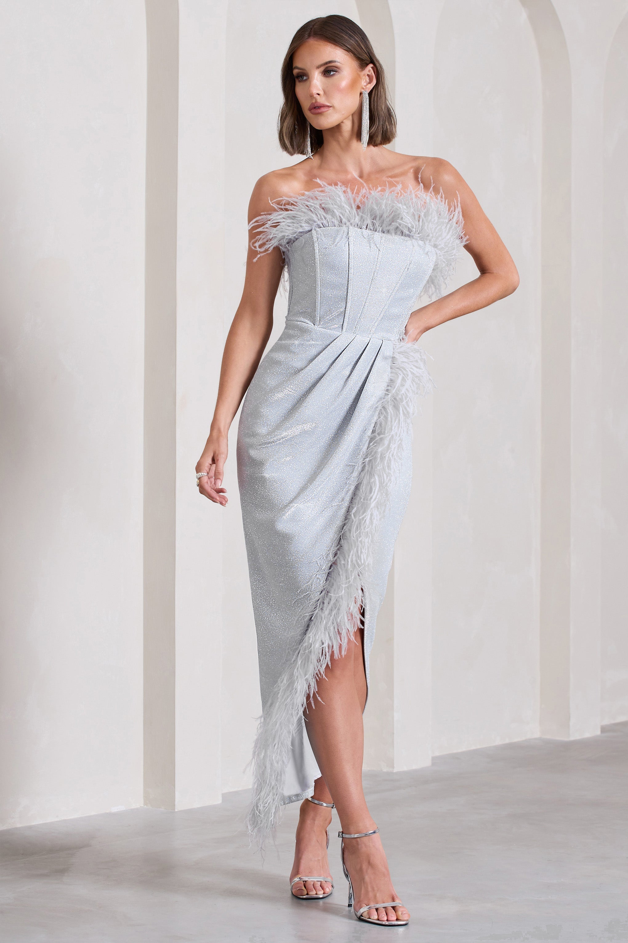 Crystal Silver Metallic Bandeau Corset Maxi Dress With Feather Trims