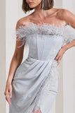 Crystal Silver Metallic Bandeau Corset Maxi Dress With Feather Trims