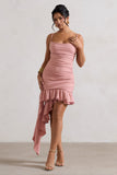 Fleetwood Blush Pink Ruched Mini Dress With Asymmetric Ruffle Hem