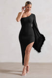 July Black Asymmetric One Shoulder Cape Midi Dress With Feathers