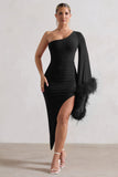 July Black Asymmetric One Shoulder Cape Midi Dress With Feathers