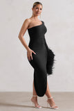 July Black Asymmetric One Shoulder Cape Midi Dress With Feathers