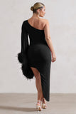 July Black Asymmetric One Shoulder Cape Midi Dress With Feathers